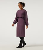 Round Neck Long Sleeve Midi Casual Dress — Plum Wine — view 3
