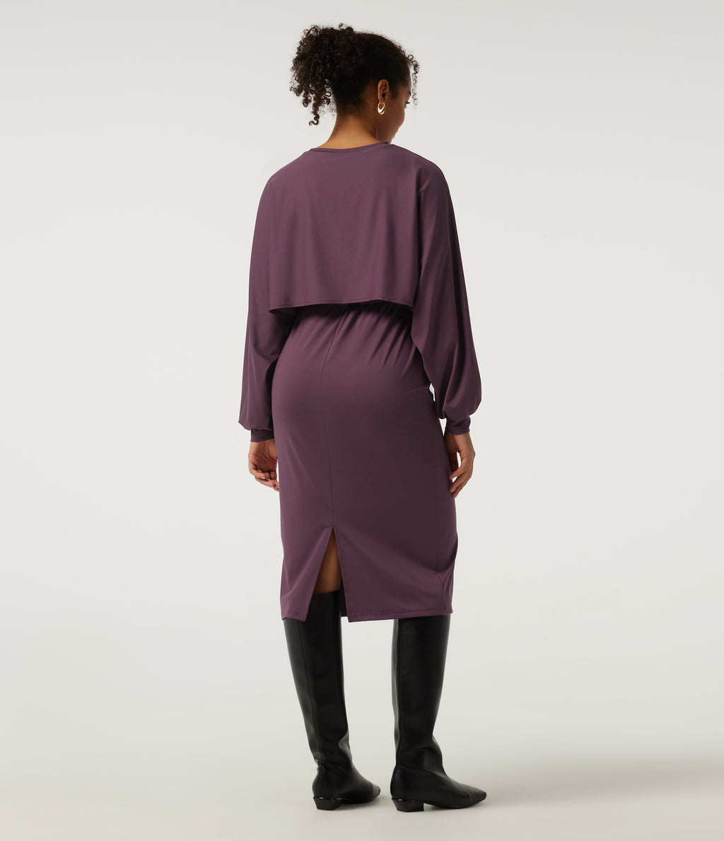 Round Neck Long Sleeve Midi Casual Dress — Plum Wine — view 2
