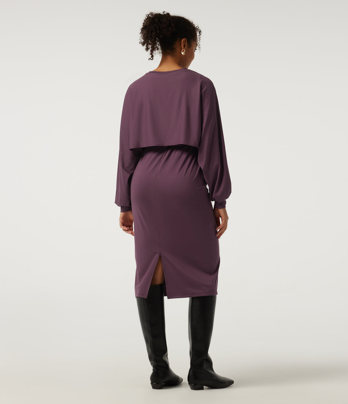 Round Neck Long Sleeve Midi Casual Dress — Plum Wine — view 2