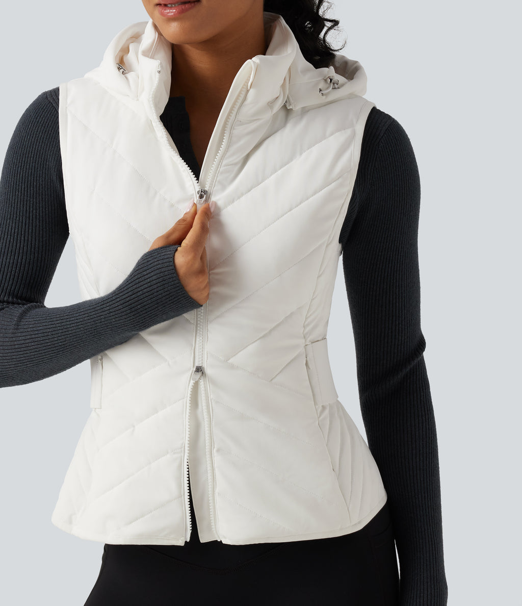 PuffFlex Removable Hood Quilted Casual Padded Vest with Pockets — White — view 7