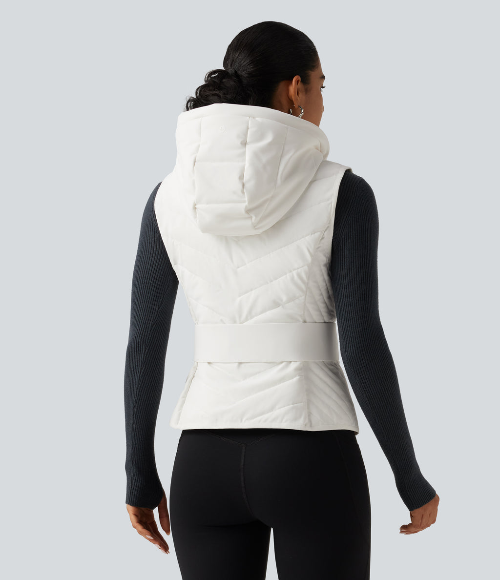 PuffFlex Removable Hood Quilted Casual Padded Vest with Pockets — White — view 2