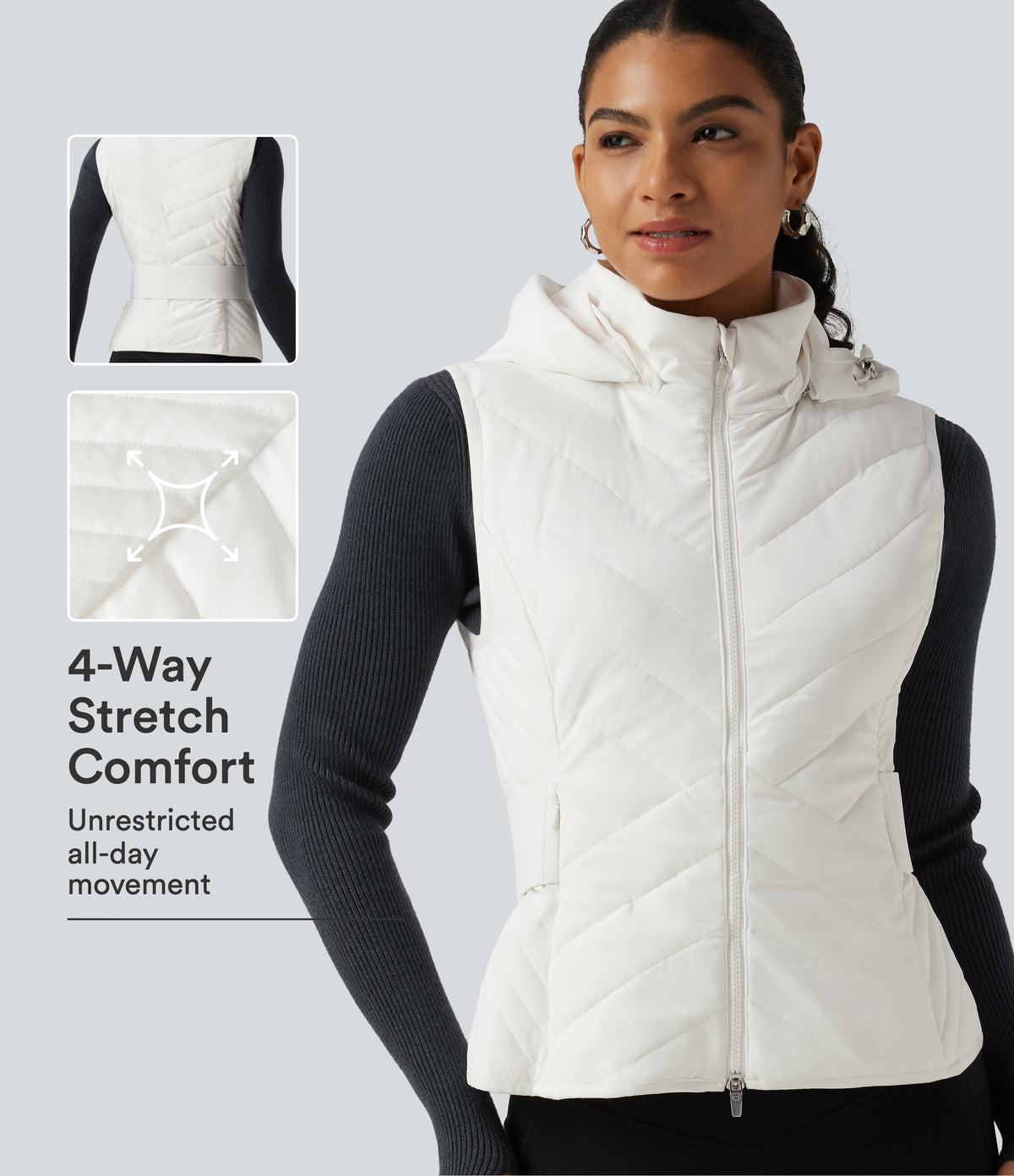 PuffFlex Removable Hood Quilted Casual Padded Vest with Pockets — White — view 1