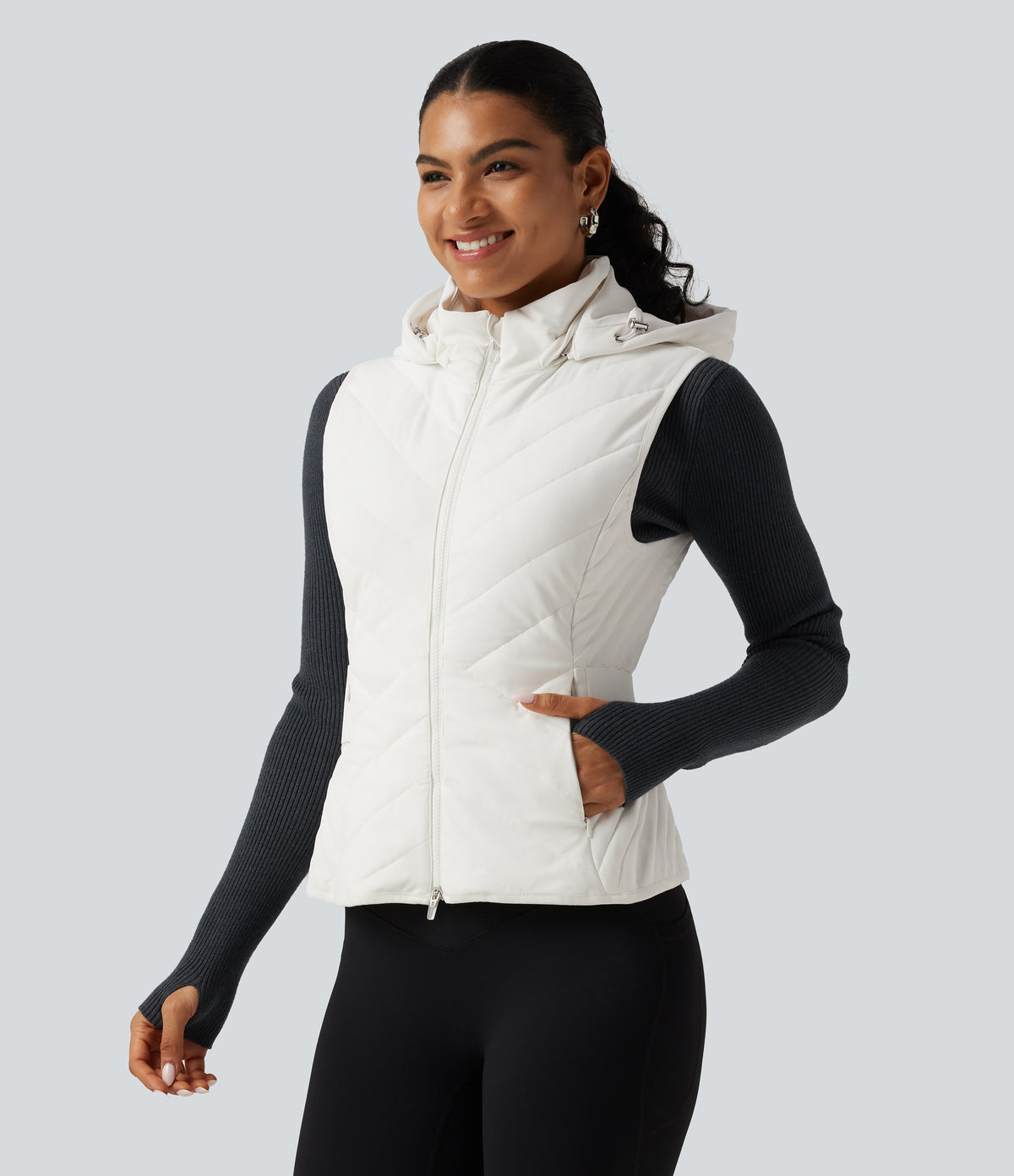 PuffFlex Removable Hood Quilted Casual Padded Vest with Pockets — White — view 3