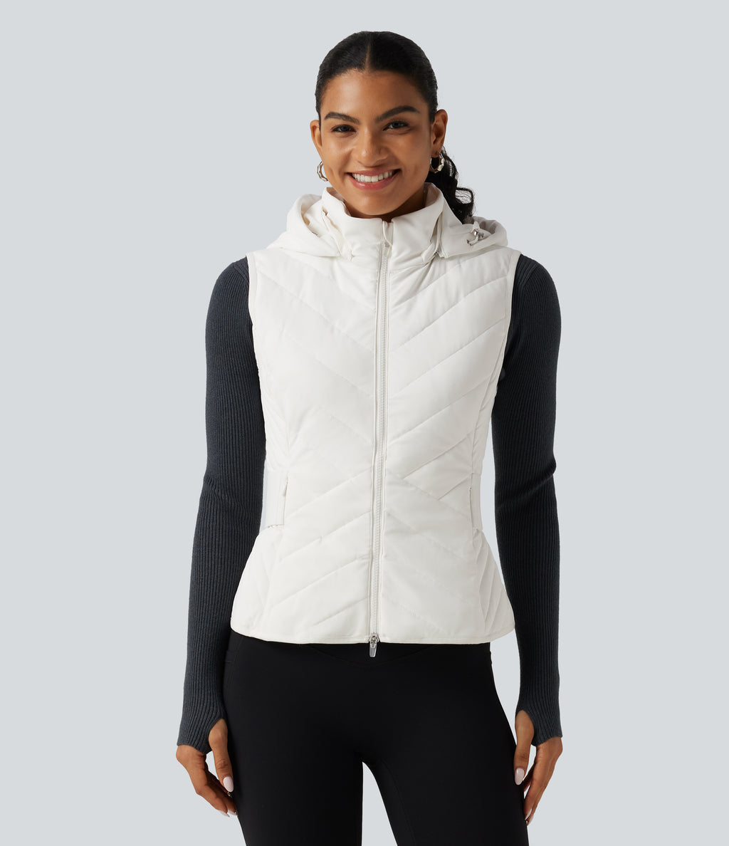 PuffFlex Removable Hood Quilted Casual Padded Vest with Pockets — White — view 4