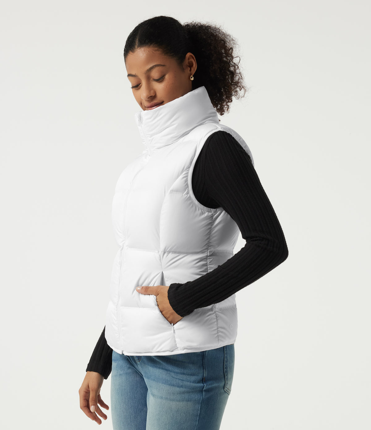 High Neck Quilted Puffer Casual Down Vest with Pockets — Frost White — view 3