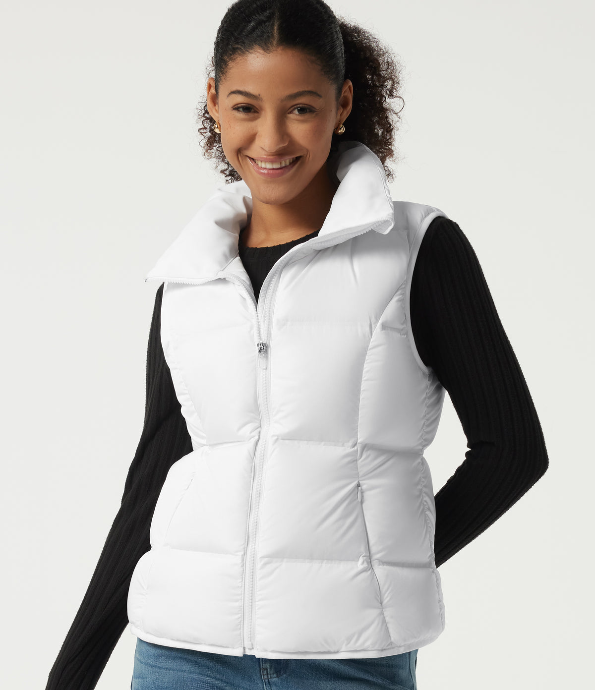 High Neck Quilted Puffer Casual Down Vest with Pockets — Frost White — view 6