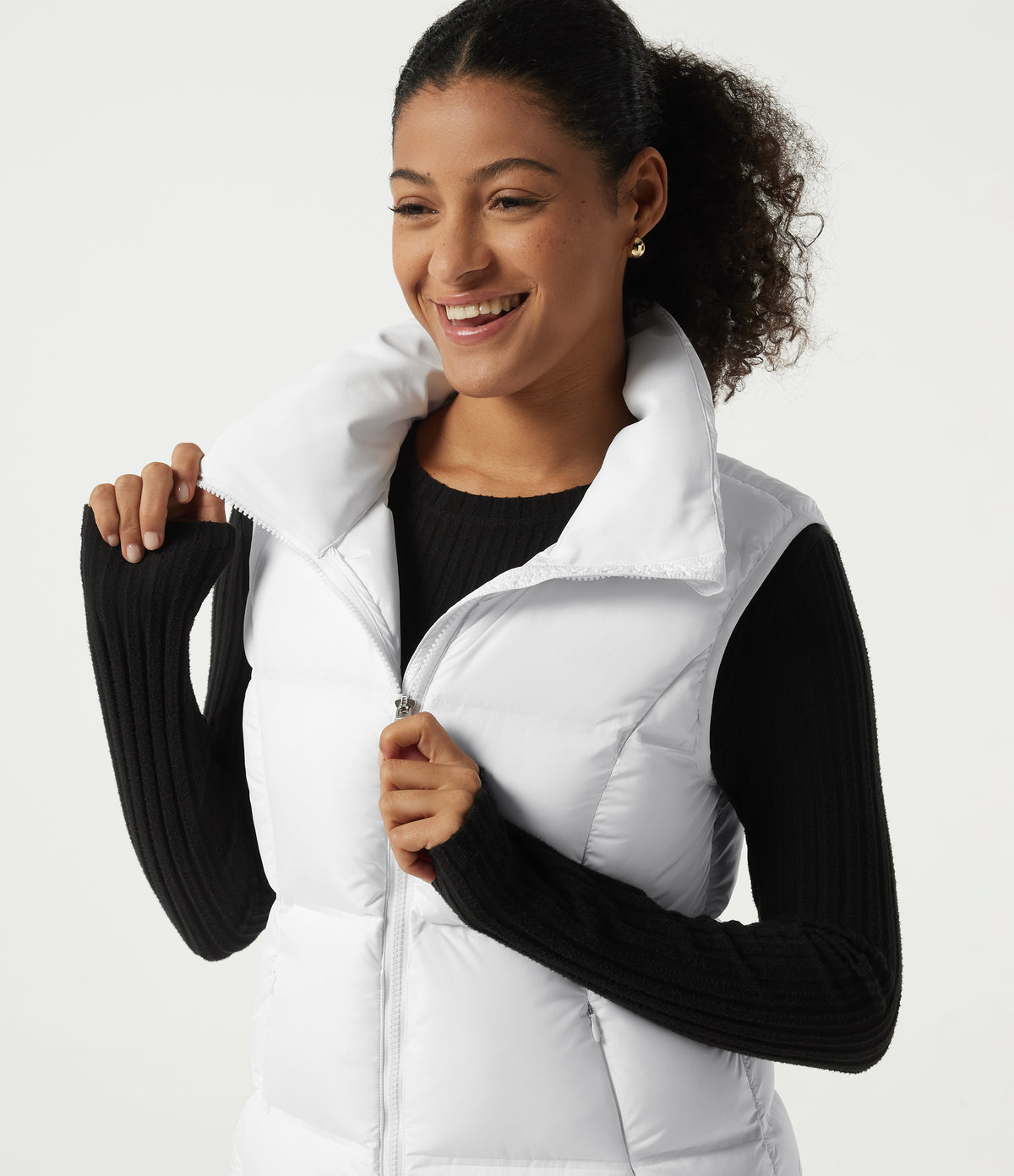 High Neck Quilted Puffer Casual Down Vest with Pockets — Frost White — view 5