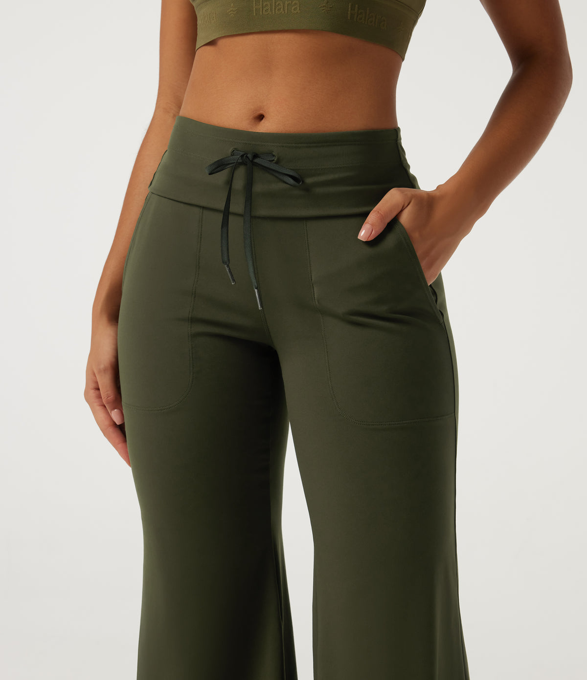 Mid Rise Drawstring Workout Trousers with Pockets — Forest Night — view 4
