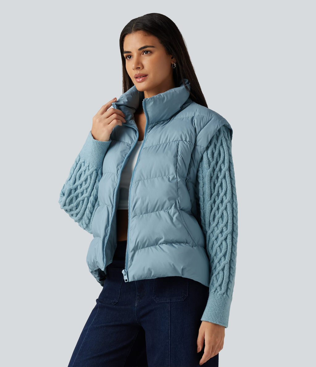 High Neck Long Sleeve Casual Padded Jacket with Pockets — Light Foggy Blue — view 3