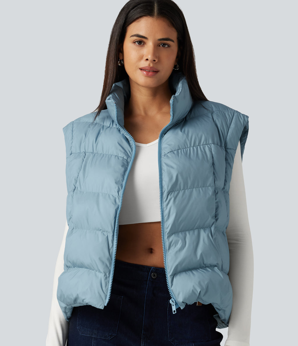 High Neck Long Sleeve Casual Padded Jacket with Pockets — Light Foggy Blue — view 8