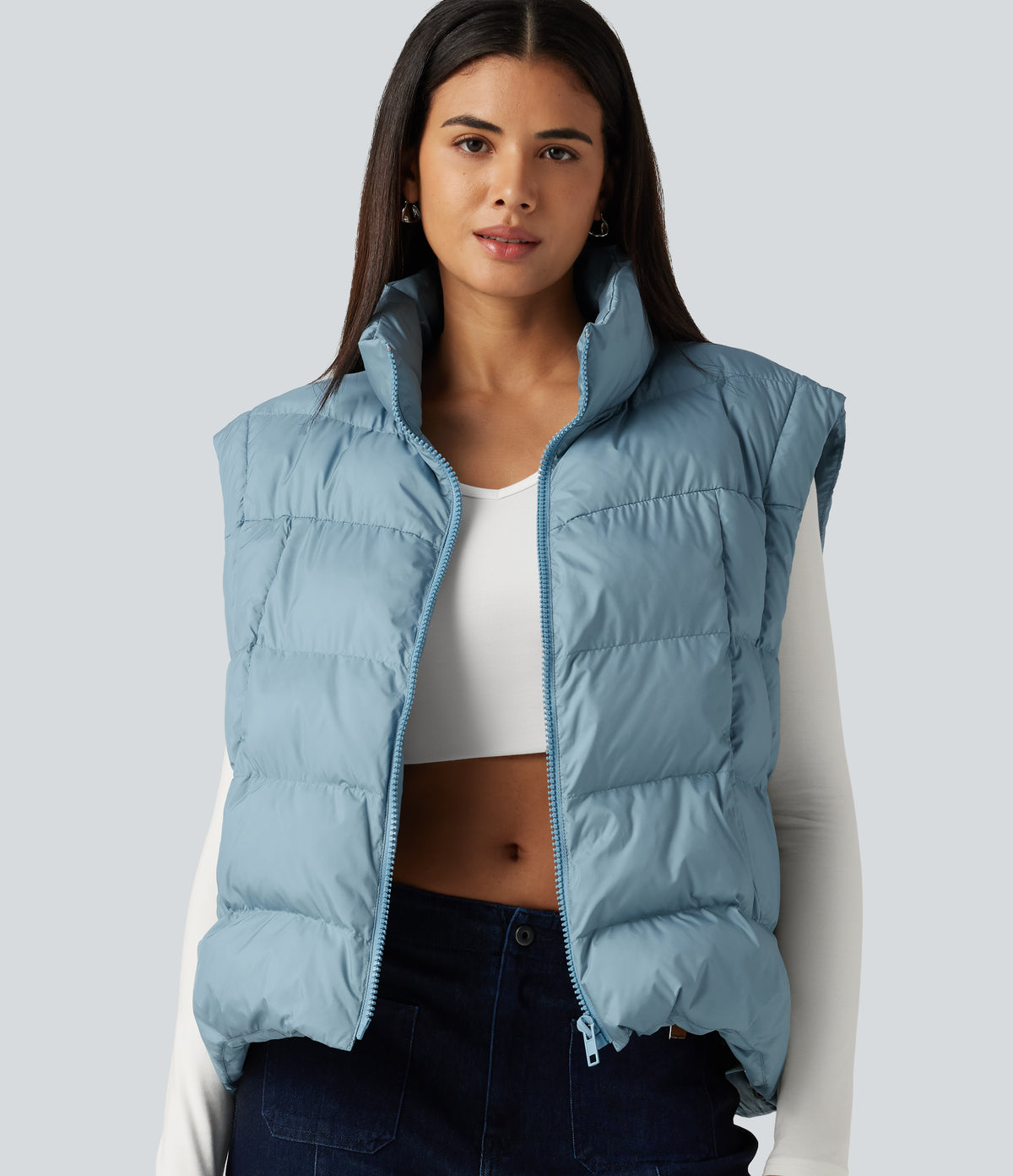 High Neck Long Sleeve Casual Padded Jacket with Pockets — Light Foggy Blue — view 8
