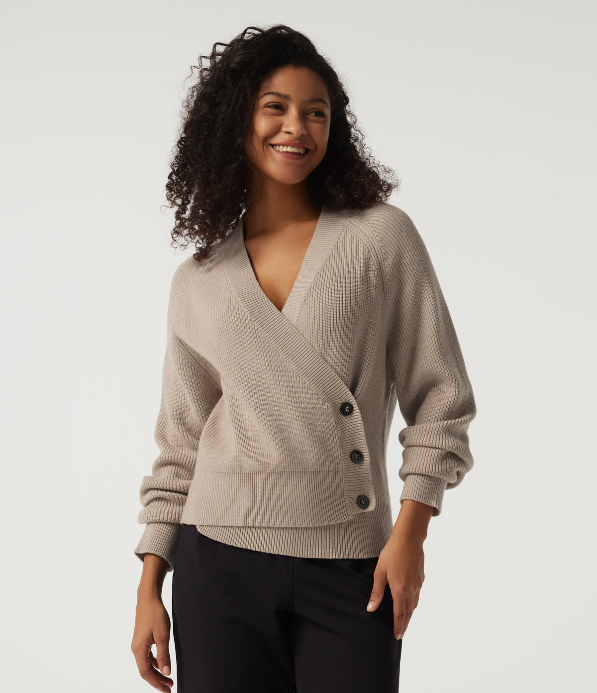 Ribbed Knit V Neck Long Sleeve Work Jumper — Smoke Gray — view 3