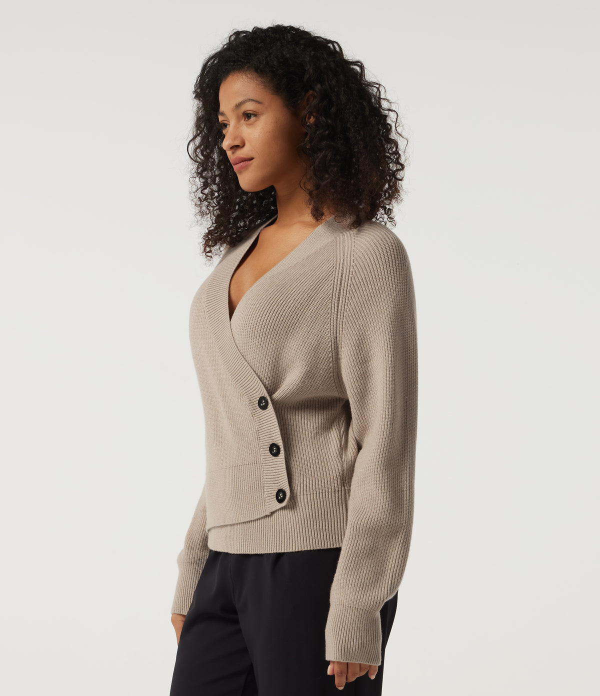 Ribbed Knit V Neck Long Sleeve Work Jumper — Smoke Gray — view 4