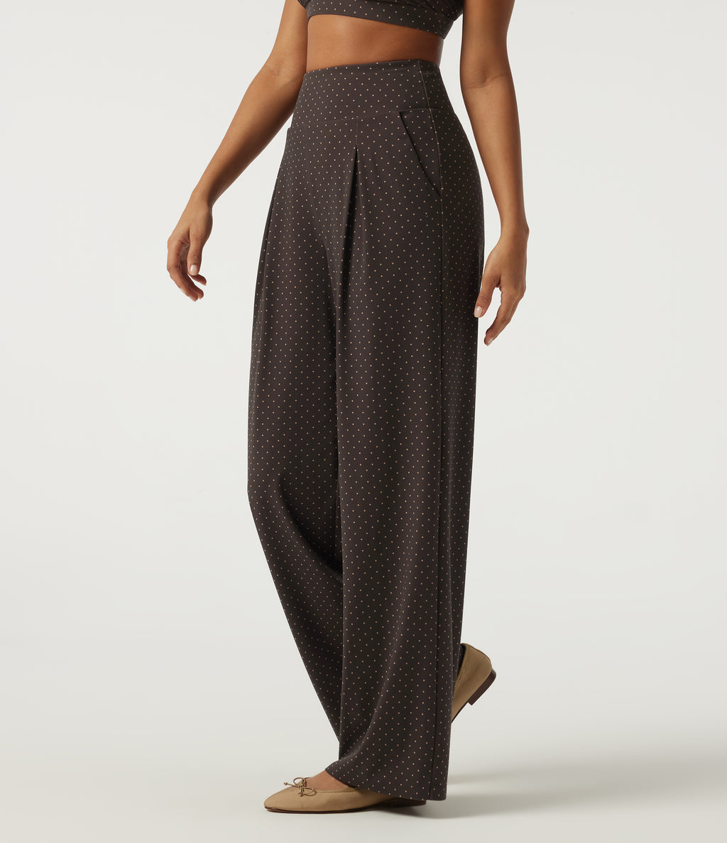 High Waisted Wide Leg Polka Dot Yoga Trousers with Pockets — Black Micro Dot — view 3