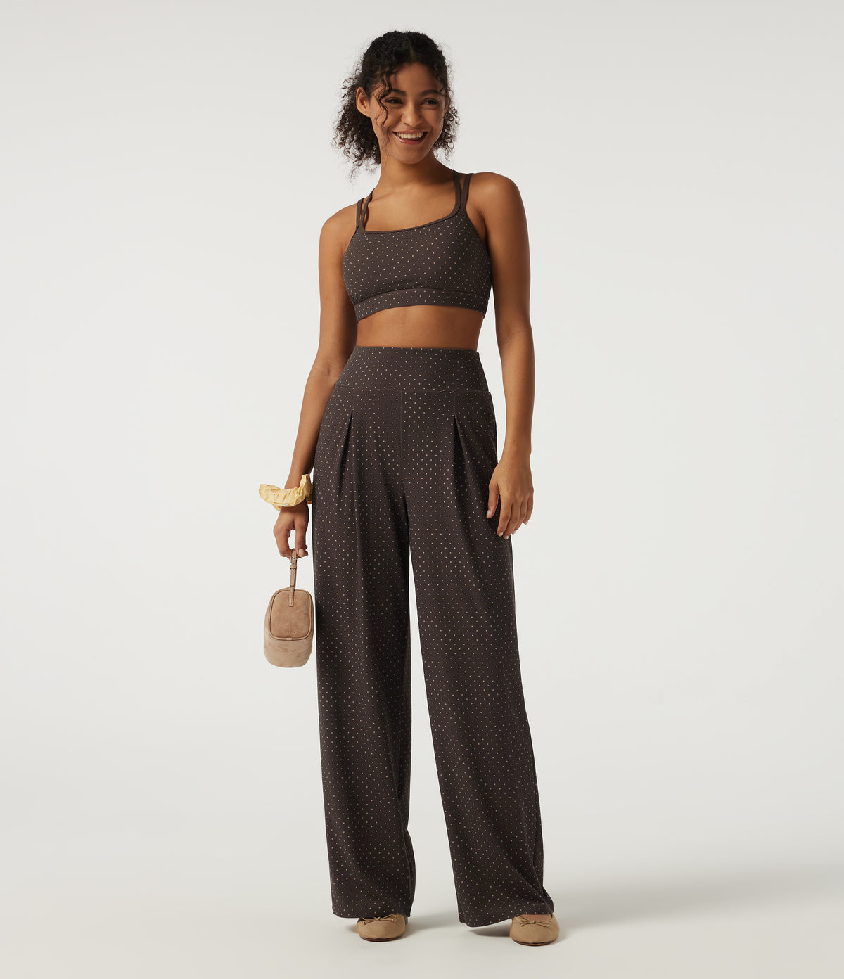 High Waisted Wide Leg Polka Dot Yoga Trousers with Pockets — Black Micro Dot — view 7