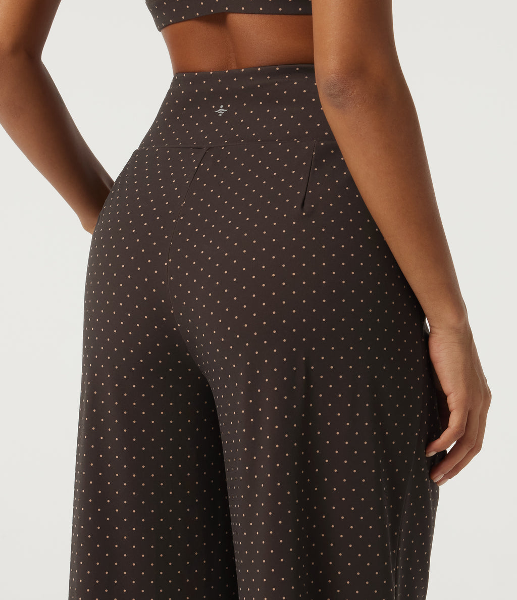 High Waisted Wide Leg Polka Dot Yoga Trousers with Pockets — Black Micro Dot — view 5