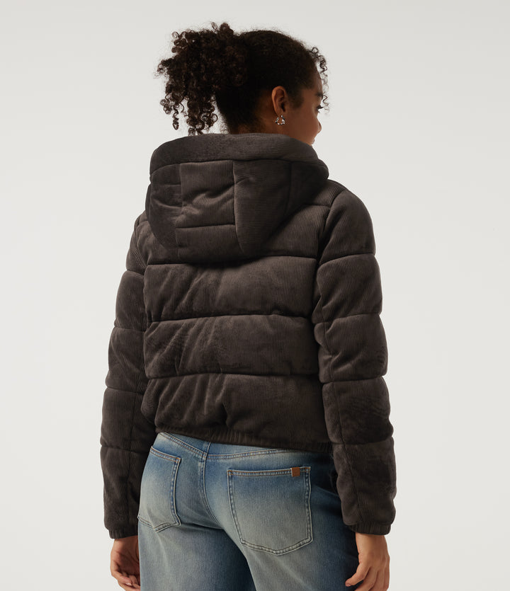 Ribbed Knit Removable Hood Long Sleeve Fleece Casual Padded Jacket with Pockets — Seal Brown — view 2
