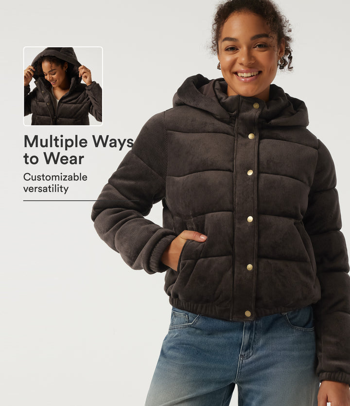 Ribbed Knit Removable Hood Long Sleeve Fleece Casual Padded Jacket with Pockets — Seal Brown — view 1