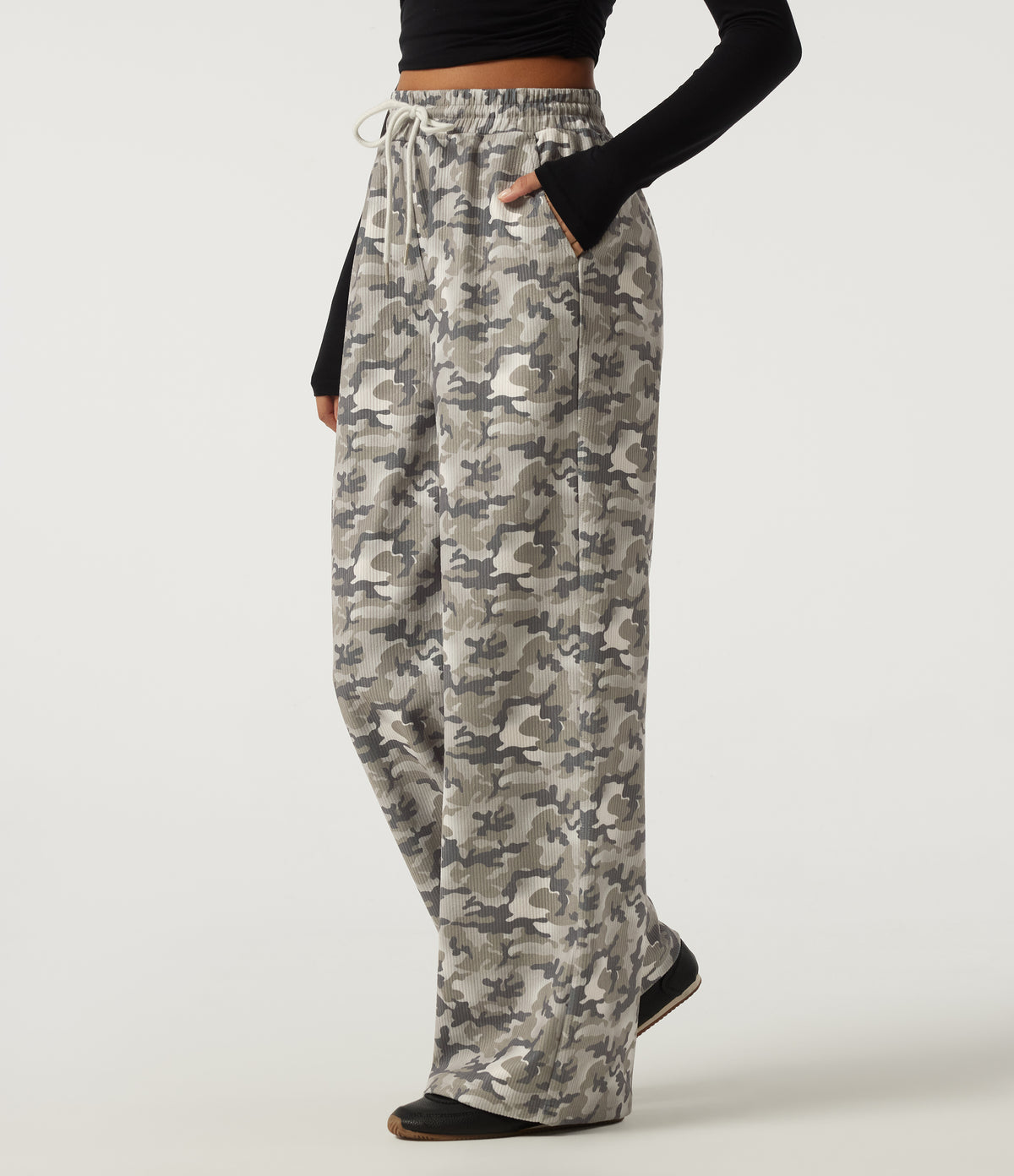 High Waisted Corduroy Camo Drawstring Casual Baggy Trousers with Pockets — Foggy Night Camo — view 3
