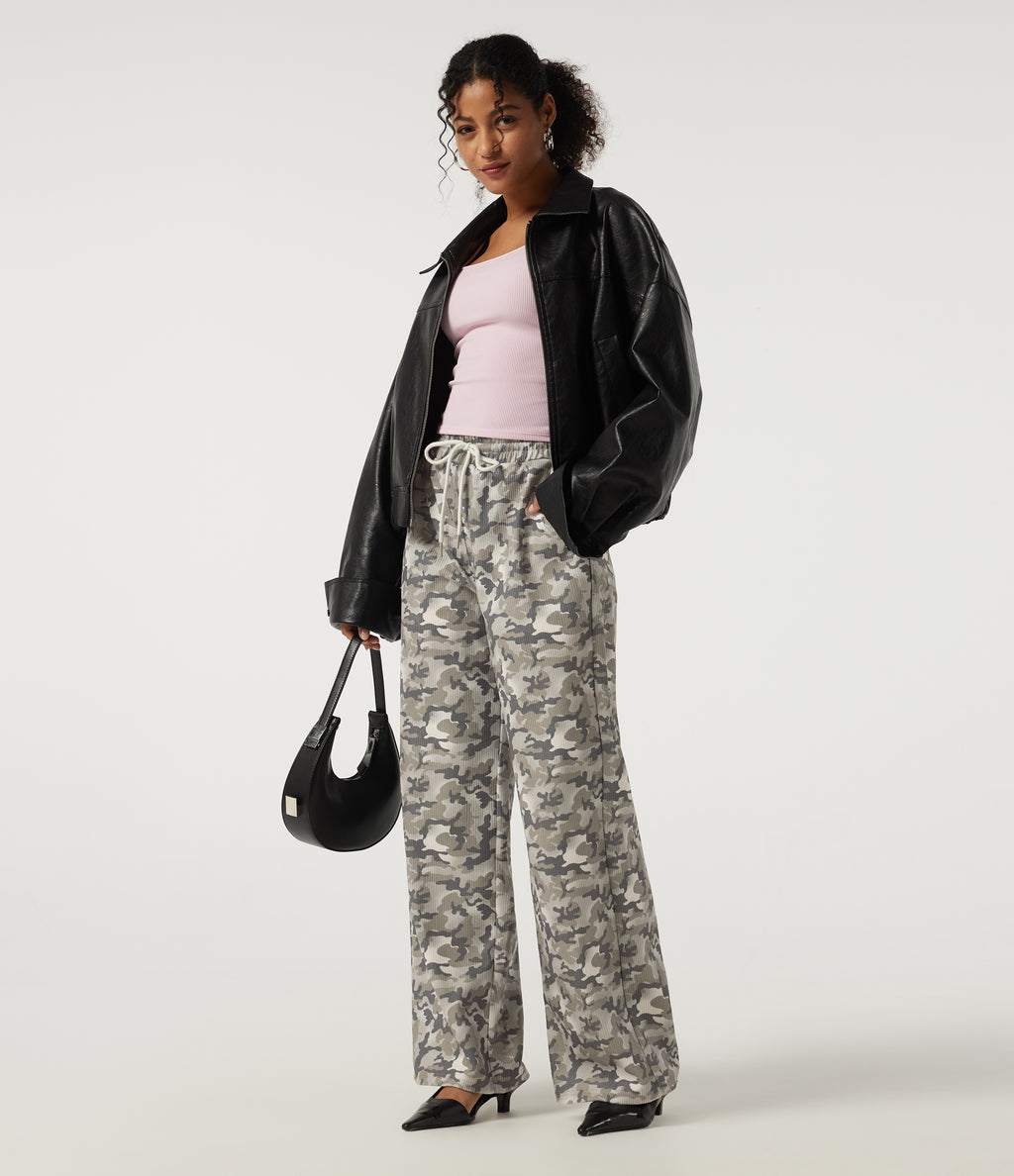 High Waisted Corduroy Camo Drawstring Casual Baggy Trousers with Pockets — Foggy Night Camo — view 6
