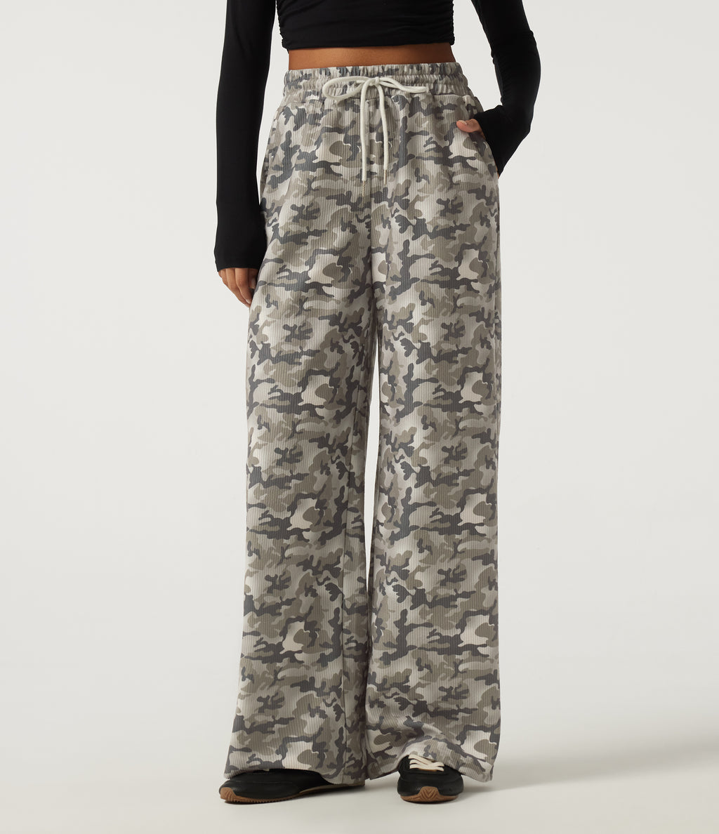 High Waisted Corduroy Camo Drawstring Casual Baggy Trousers with Pockets — Foggy Night Camo — view 1