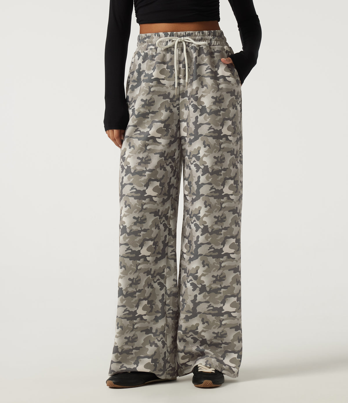 High Waisted Corduroy Camo Drawstring Casual Baggy Trousers with Pockets — Foggy Night Camo — view 1