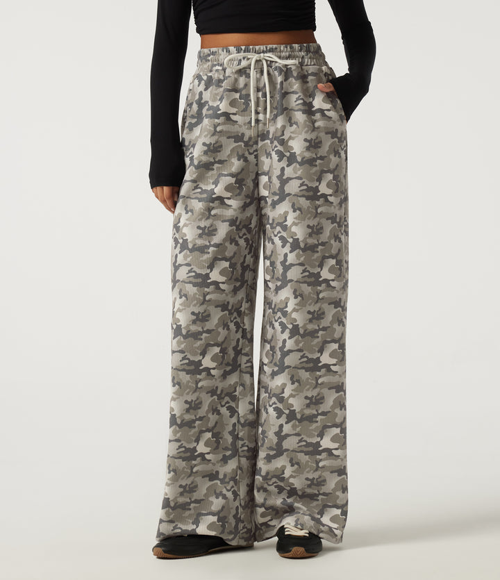 High Waisted Corduroy Camo Drawstring Casual Baggy Trousers with Pockets — Foggy Night Camo — view 1