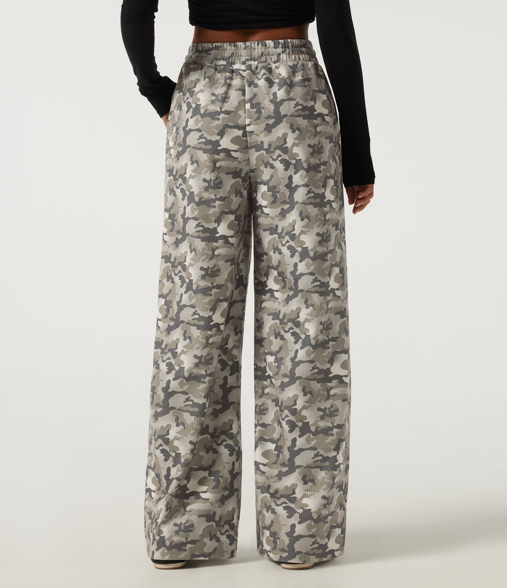 High Waisted Corduroy Camo Drawstring Casual Baggy Trousers with Pockets — Foggy Night Camo — view 2