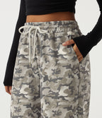 High Waisted Corduroy Camo Drawstring Casual Baggy Trousers with Pockets — Foggy Night Camo — view 4