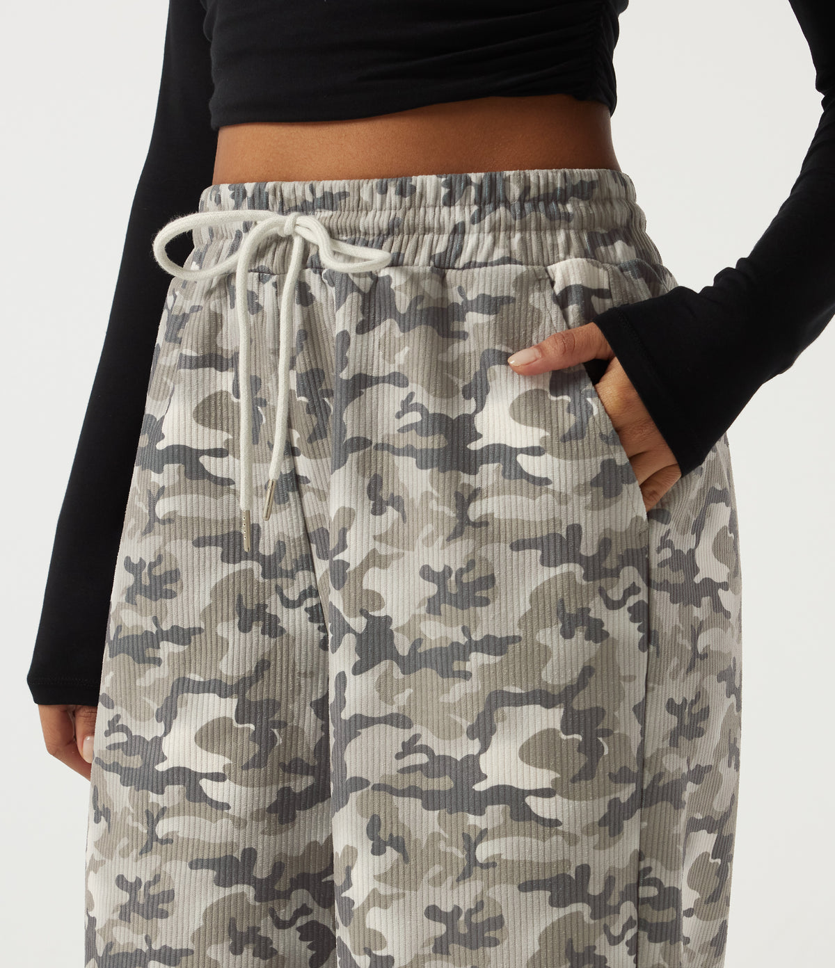 High Waisted Corduroy Camo Drawstring Casual Baggy Trousers with Pockets — Foggy Night Camo — view 4