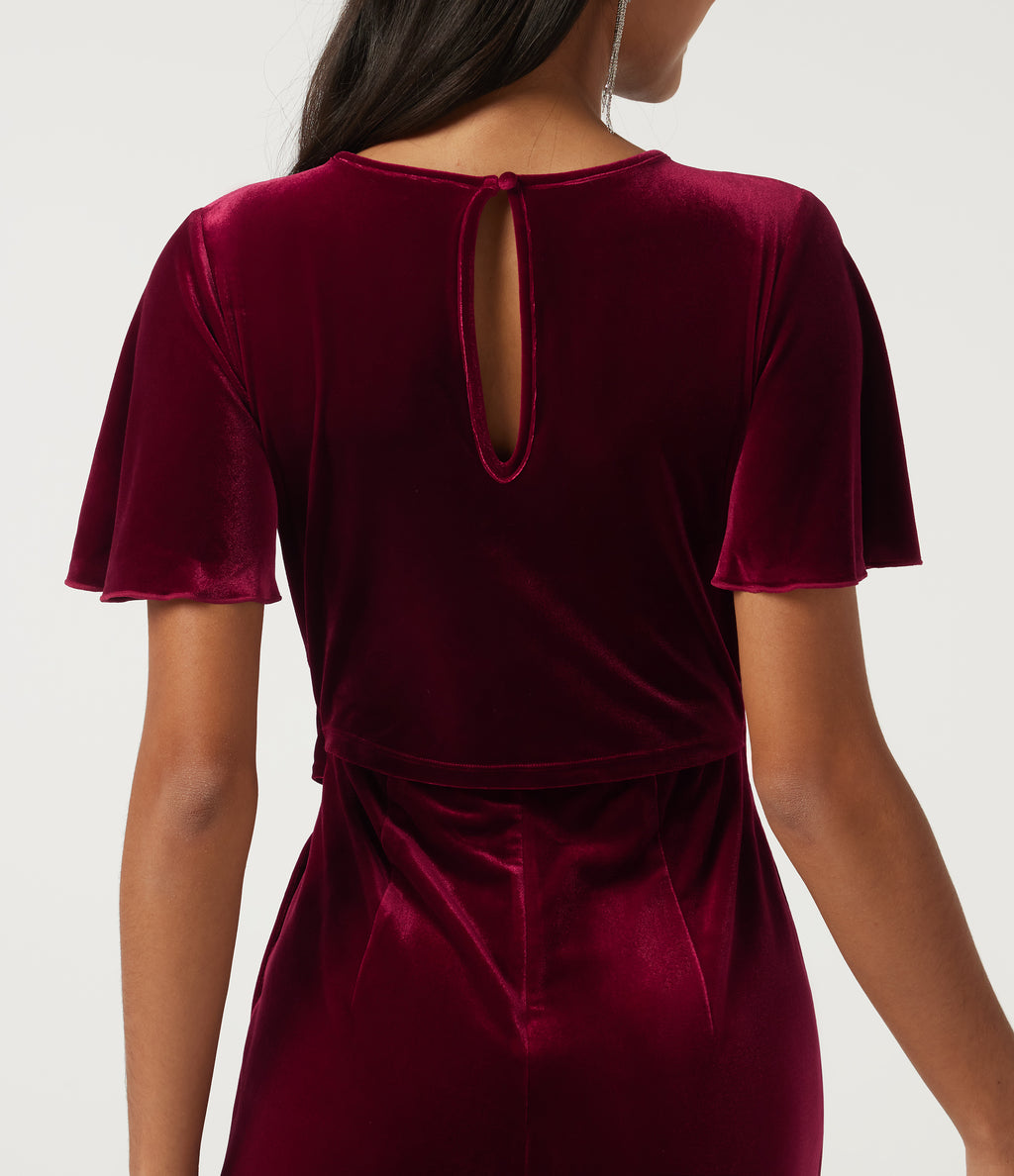 Round Neck Flounce Short Sleeve Keyhole Back Tie Front Velvet Party Jumpsuit with Pockets -Edition — Sangria — view 5