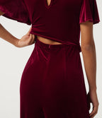 Round Neck Flounce Short Sleeve Keyhole Back Tie Front Velvet Party Jumpsuit with Pockets -Edition — Sangria — view 6