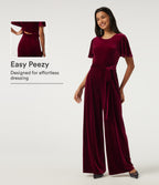 Round Neck Flounce Short Sleeve Keyhole Back Tie Front Velvet Party Jumpsuit with Pockets -Edition — Sangria — view 1
