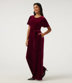 Round Neck Flounce Short Sleeve Keyhole Back Tie Front Velvet Party Jumpsuit with Pockets -Edition — Sangria — view 3