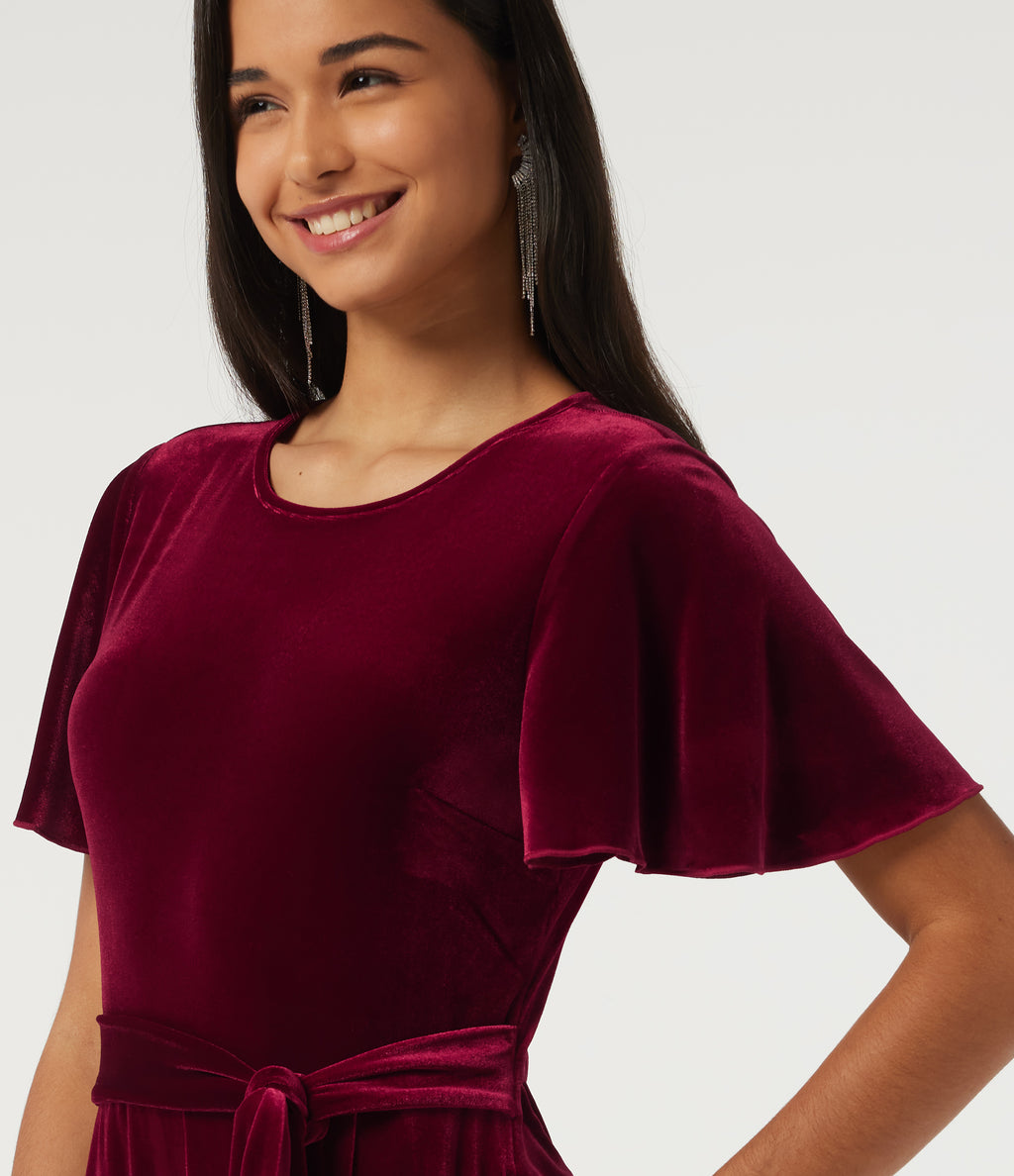Round Neck Flounce Short Sleeve Keyhole Back Tie Front Velvet Party Jumpsuit with Pockets -Edition — Sangria — view 4