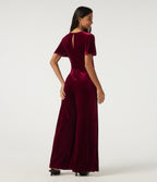 Round Neck Flounce Short Sleeve Keyhole Back Tie Front Velvet Party Jumpsuit with Pockets -Edition — Sangria — view 2
