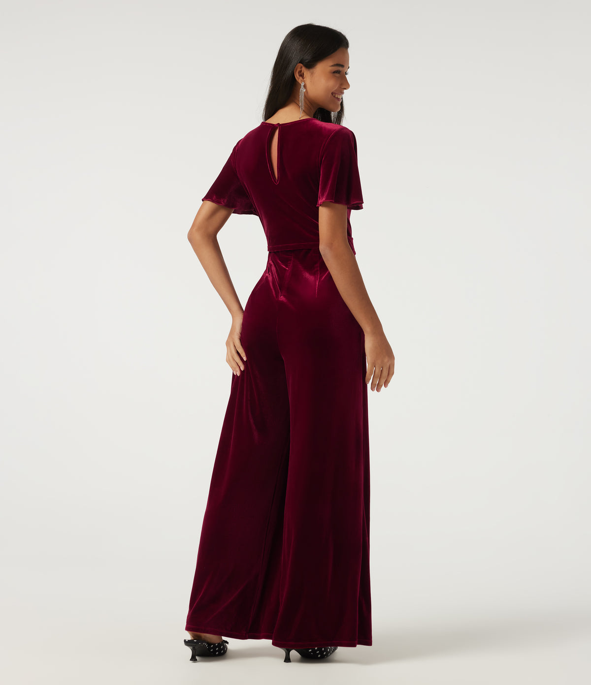 Round Neck Flounce Short Sleeve Keyhole Back Tie Front Velvet Party Jumpsuit with Pockets -Edition — Sangria — view 2