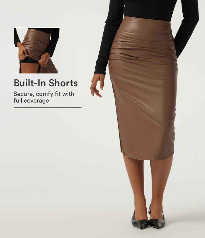 High Waisted Ruched Bodycon Fleece PU Leather Party Midi Skirts with Built-in Shorts — Rustic Brown — view 1