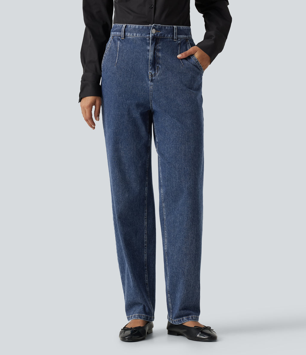 High Waisted Tapered Casual Cotton Jeans with Pockets — Estate Blue Denim — view 1