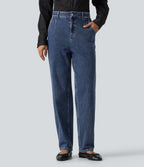 High Waisted Tapered Casual Cotton Jeans with Pockets — Estate Blue Denim — view 1