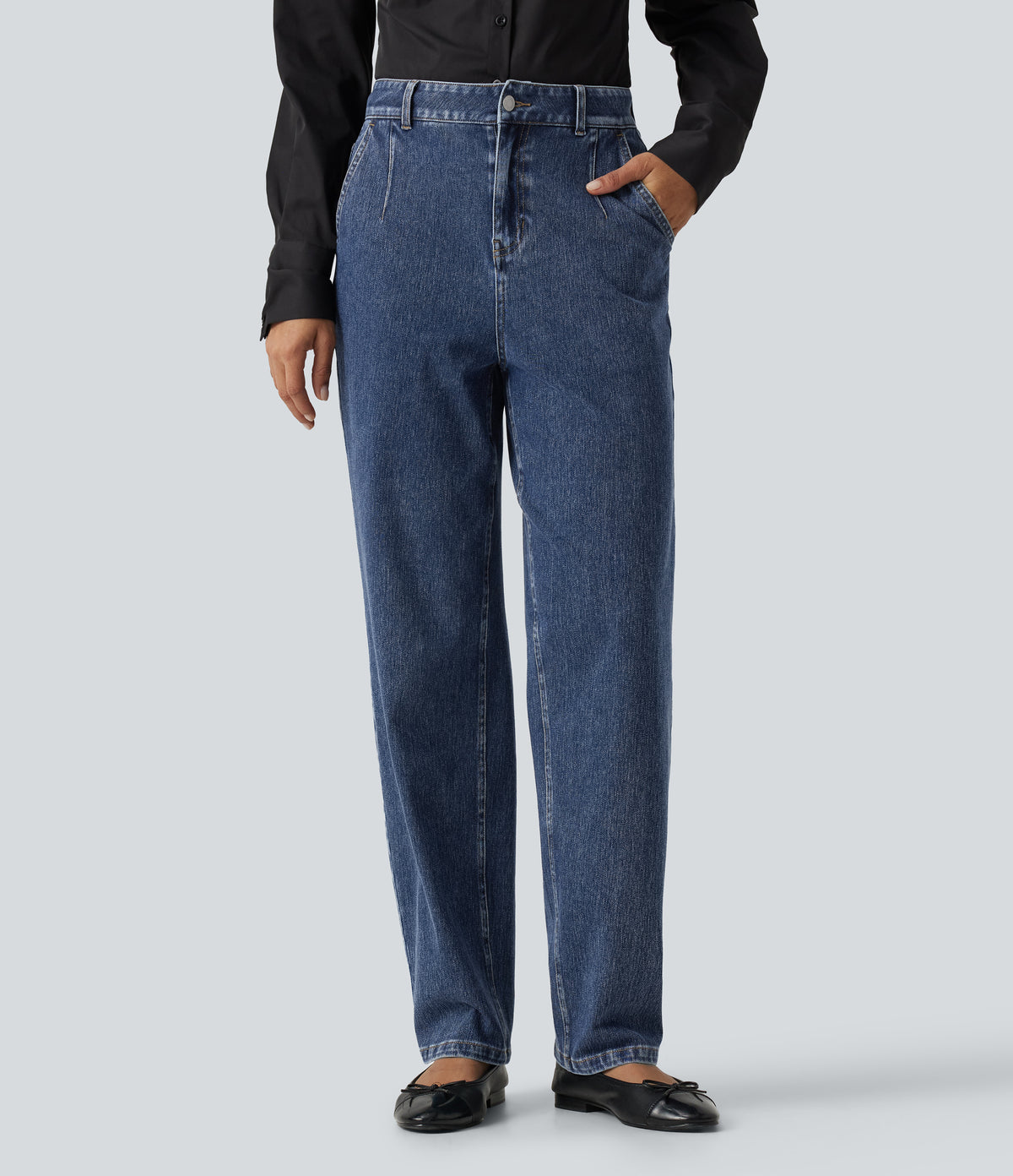 High Waisted Tapered Casual Cotton Jeans with Pockets — Estate Blue Denim — view 1