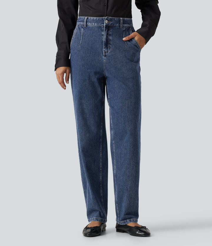 High Waisted Tapered Casual Cotton Jeans with Pockets — Estate Blue Denim — view 1
