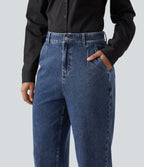 High Waisted Tapered Casual Cotton Jeans with Pockets — Estate Blue Denim — view 4