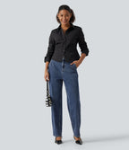 High Waisted Tapered Casual Cotton Jeans with Pockets — Estate Blue Denim — view 7