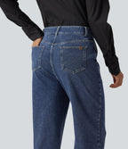 High Waisted Tapered Casual Cotton Jeans with Pockets — Estate Blue Denim — view 5