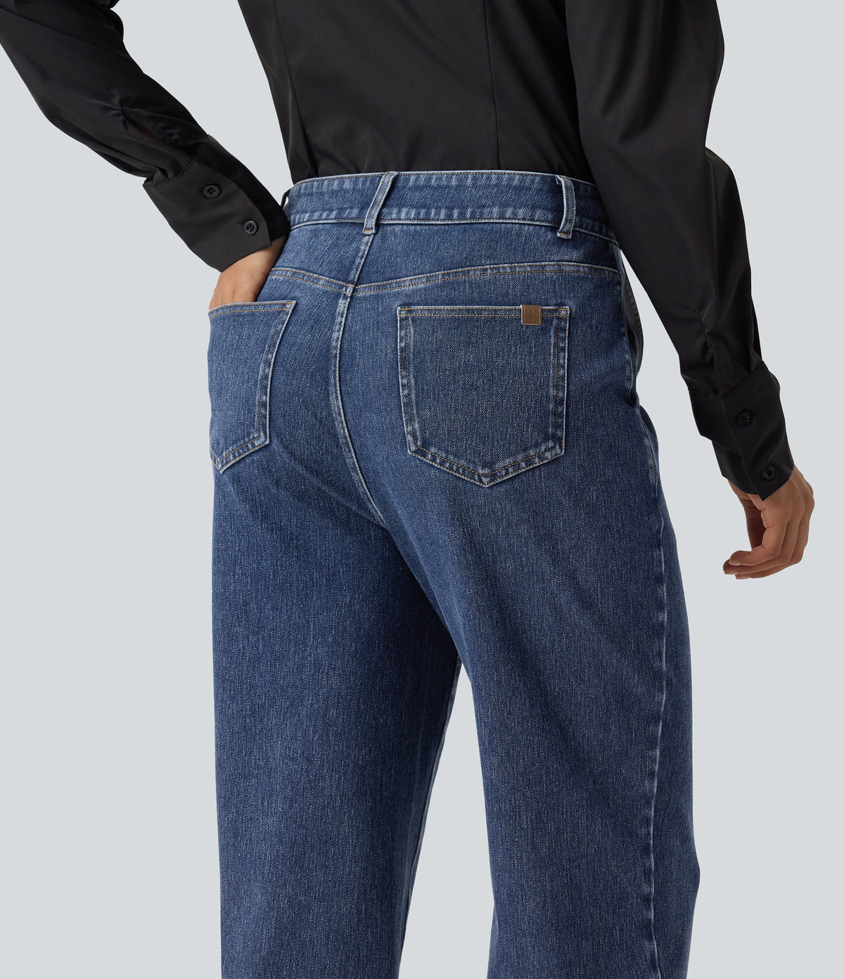 High Waisted Tapered Casual Cotton Jeans with Pockets — Estate Blue Denim — view 5