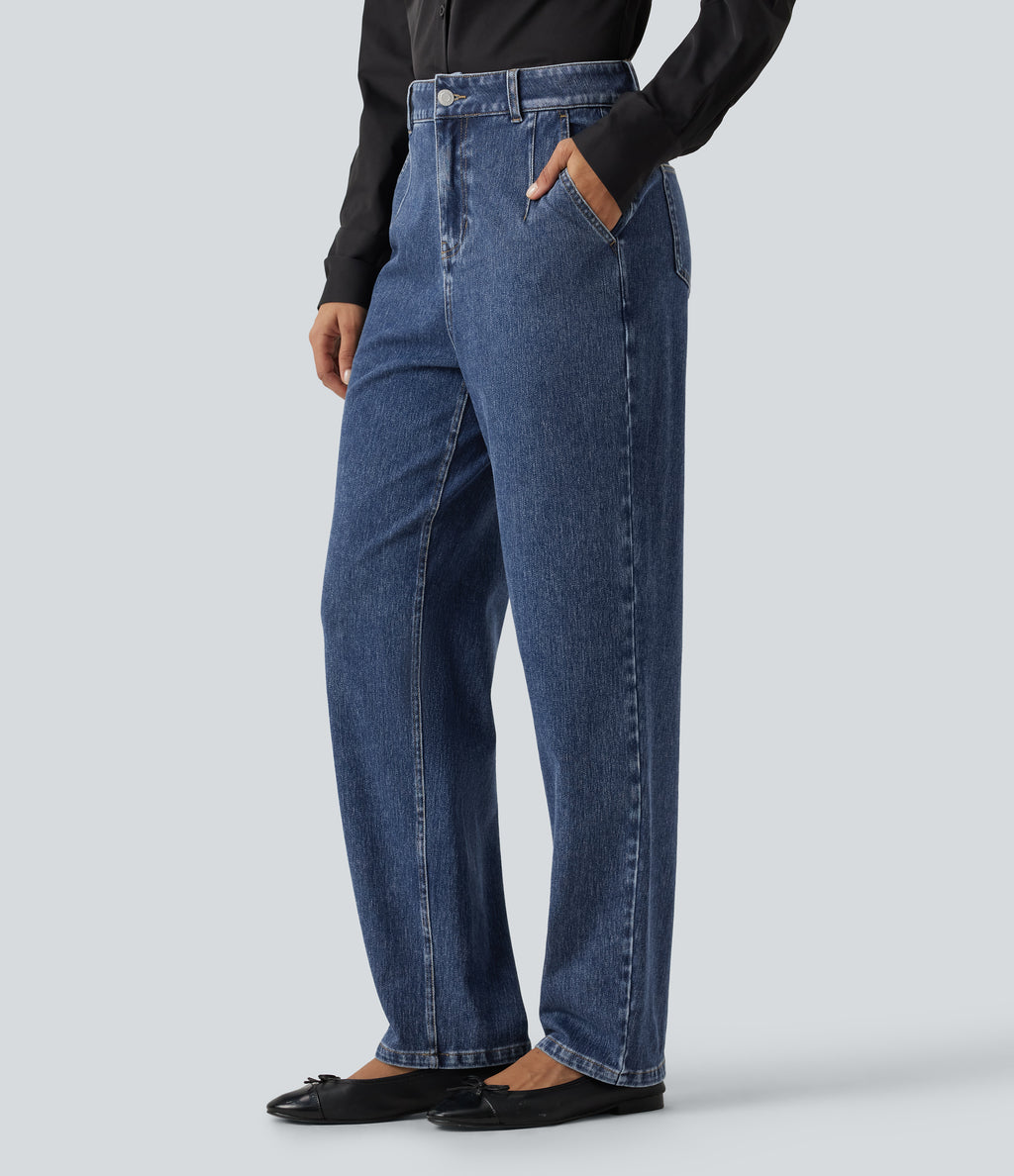 High Waisted Tapered Casual Cotton Jeans with Pockets — Estate Blue Denim — view 3