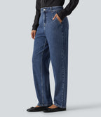 High Waisted Tapered Casual Cotton Jeans with Pockets — Estate Blue Denim — view 3