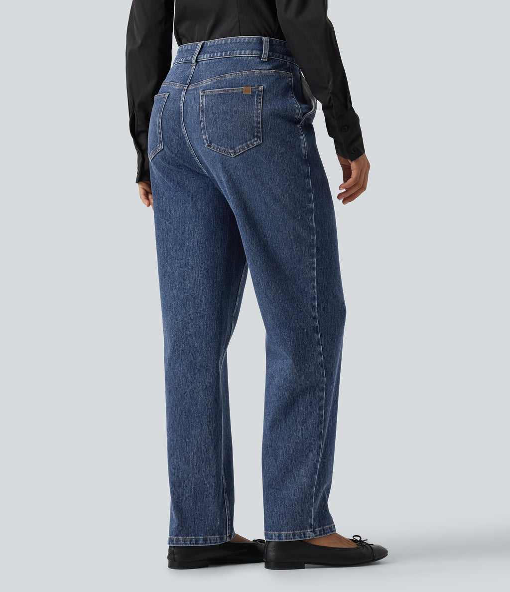 High Waisted Tapered Casual Cotton Jeans with Pockets — Estate Blue Denim — view 2