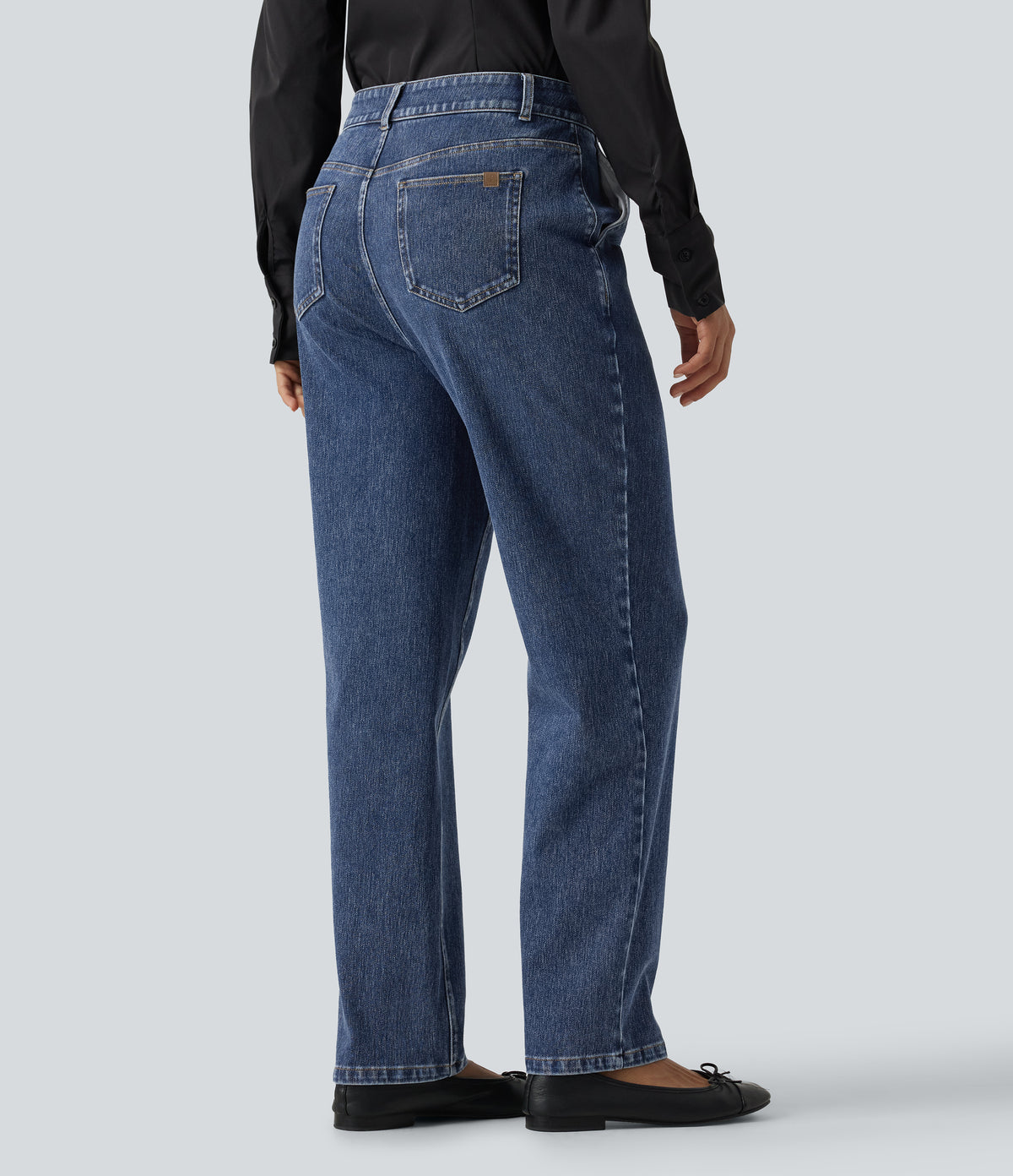 High Waisted Tapered Casual Cotton Jeans with Pockets — Estate Blue Denim — view 2